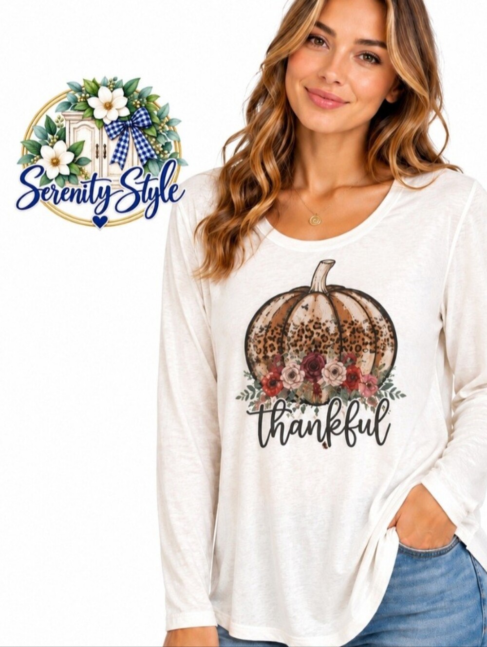 Modern Canvas XL Thankful Pumpkin Graphic Long Sleeve Top Ivory Fall Leopard